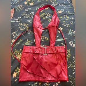 Red leather two piece mini skirt/halter top